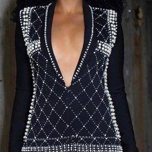 Black L'ATISTE Beaded Pearl Mid Length Long Sleeve Dress